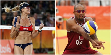 A two-part collage of a female Olympian and Jefferson Santos Pereira of Qatar
