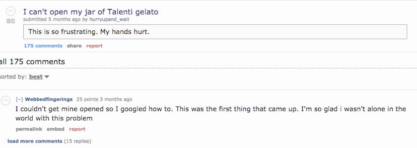 Chat board with people saying that Talenti gelato jars are difficult to open