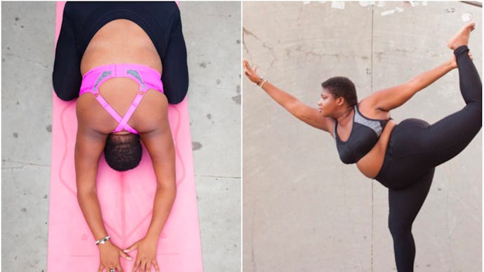 Jessamyn Stanley doing two different yoga poses 