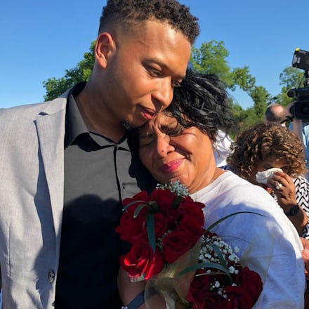 Alice Marie Johnson hugged by her grandson after leaving prison