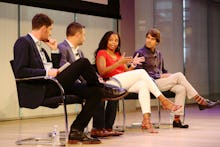 Jemele Hill, speaking on stage with Michael Shiffman, Nate Ravitz, and Daniel Roberts at a 2017 spor...