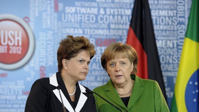  Dilma Rousseff and Angela Merkel's having a discussion, after issues of NSA spying on Brazil and Ge...