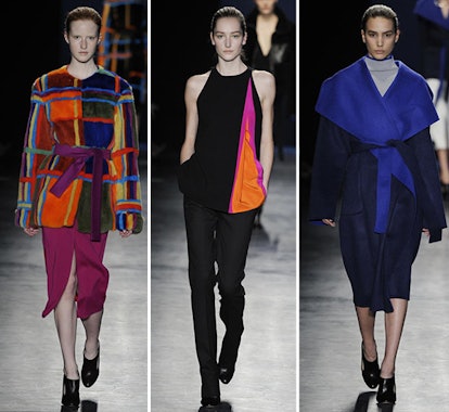 Three female models walking in Joseph Altuzarra creations at New York Fashion Week