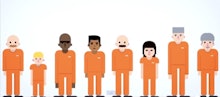 A screenshot from the "Mass Incarceration in the US" video with illustrations of prisoners in orange...
