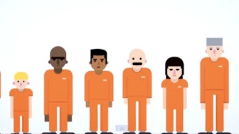 A screenshot from the "Mass Incarceration in the US" video with illustrations of prisoners in orange...