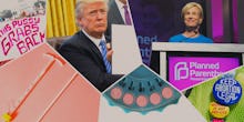 A collage with Donald Trump, birth control pills and posters about planned parenthood