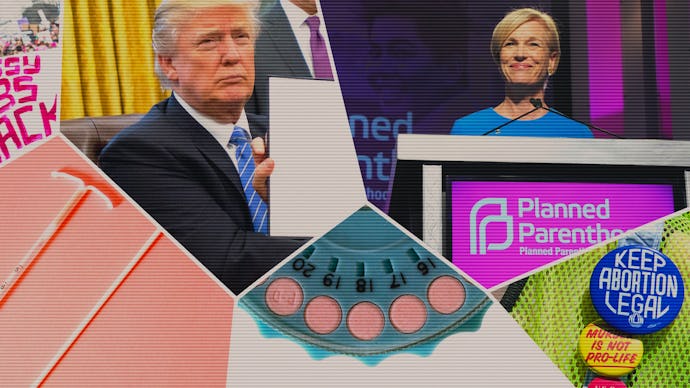 A collage with Donald Trump, birth control pills and posters about planned parenthood