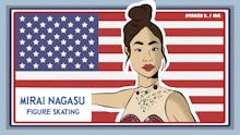 An illustration of figure skater Mirai Nagasu and the American flag in the background