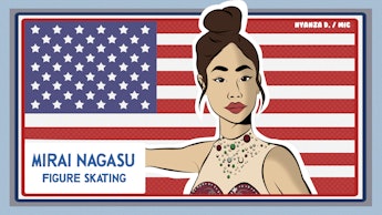 An illustration of figure skater Mirai Nagasu and the American flag in the background