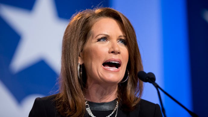 Michele Bachmann speaking about LGBT people into a microphone