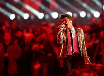 Bruno Mars singing during his Super Bowl performance