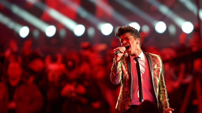 Bruno Mars singing during his Super Bowl performance