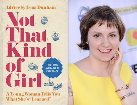 A collage of the cover of 'Not That Kind of Girl' and Lena Dunham in a yellow dress