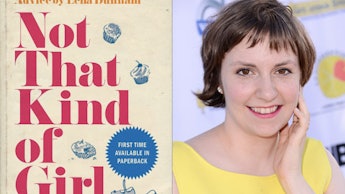 A collage of the cover of 'Not That Kind of Girl' and Lena Dunham in a yellow dress