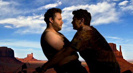 Seth Rogen and James Franco hugging in the Kanye West's "Bound 2" music video recreation