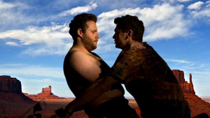 Seth Rogen and James Franco hugging in the Kanye West's "Bound 2" music video recreation