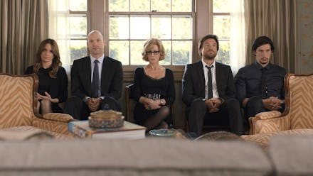 The main cast of Tina Fey's new movie sitting on a couch