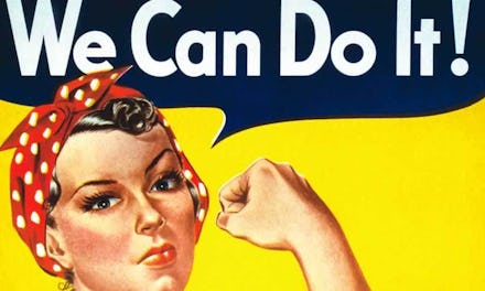 An illustration of a pin-up feminist with a red polka dots headscarf and a text box reading: 'We can...