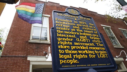 The entrance to "Giovanni's Room" - an LGBT bookstore with the American flag in pride colors
