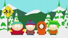 Cartman, Stan, Kenny, and Kyle from South Park standing outside