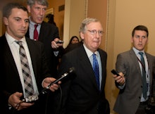 Mitch McConnell talking to the press during the 2014 Midterm Elections