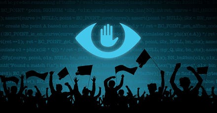 An illustration of a crowd protesting and a large eye with palm symbol in the middle