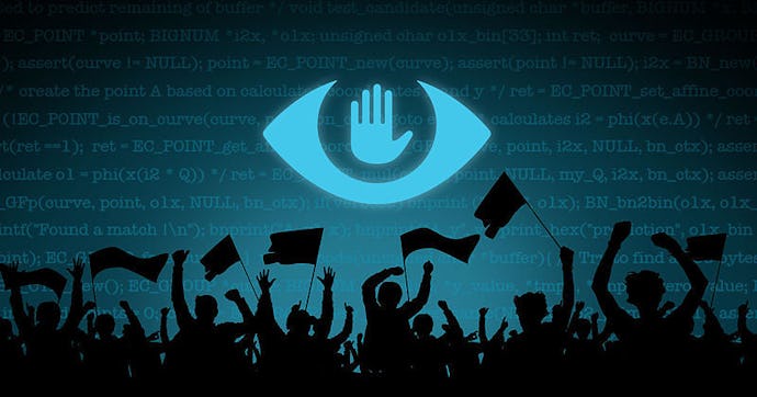 An illustration of a crowd protesting and a large eye with palm symbol in the middle