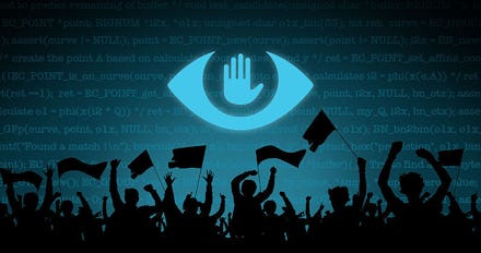 An illustration of a crowd protesting and a large eye with palm symbol in the middle