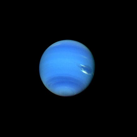 A shot of Neptune with a visible giants storm on its surface