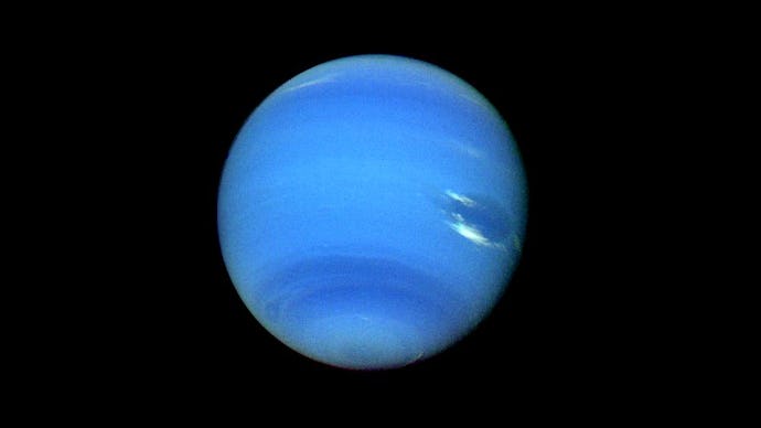 A shot of Neptune with a visible giants storm on its surface