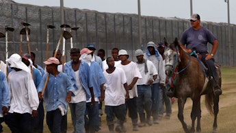 Prison workforce being accompanied by officer on horseback.