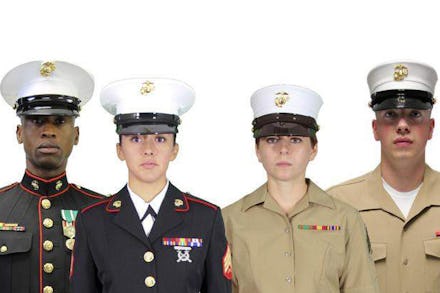 A group of marines wearing their uniforms, one set is black the other is beige