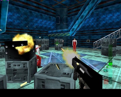A screenshot from the video game 'Perfect Dark' from a battling scene