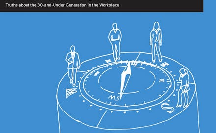 An illustration of four people standing on a compass