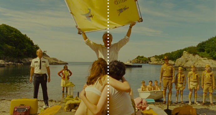 A scene from a Wes Anderson movie, with a happy couple hugging, an older man holding yellow banner, ...