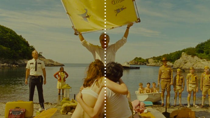A scene from a Wes Anderson movie, with a happy couple hugging, an older man holding yellow banner, ...