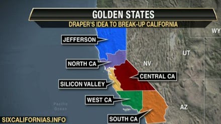A map showing how Tim Draper would break up California into six states