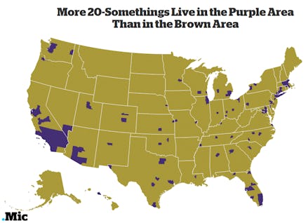 A map of the united states showing where most of the people in their 20s are living