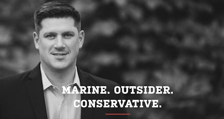 Kevin Nicholson in black and white, with "Marine. Outsider. Conservative" written in the middle of ...