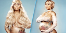 Blac Chyna posing nude for her maternity shoot, hair down in one photo and up in the other