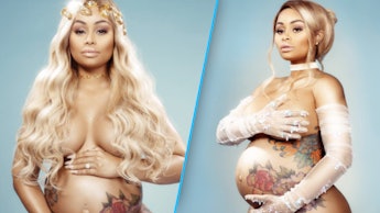 Blac Chyna posing nude for her maternity shoot, hair down in one photo and up in the other