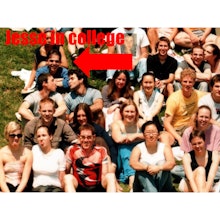 An old photo of college students gathered on the grass with a red arrow and "Jesse in college" point...