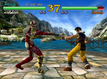 A screenshot from the video game 'SoulCalibur' during a fight scene between Voldo and Kiliik