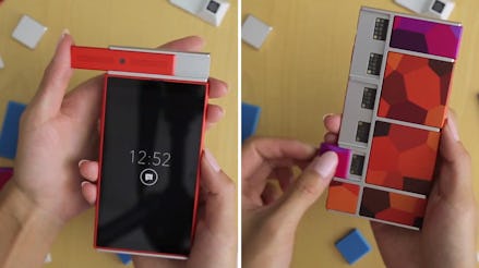 A two-part collage of a person holding the Project Ara device, the ultimate phone platform
