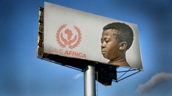 Billboard with a small African boy and "Save Africa" text