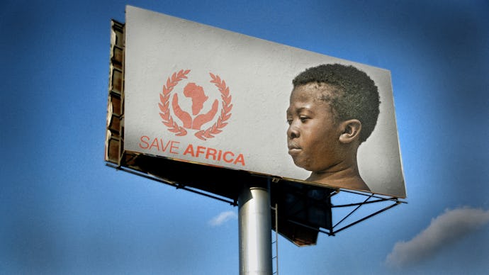 Billboard with a small African boy and "Save Africa" text