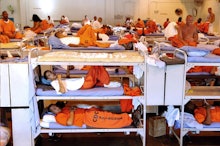 Prisoners laying in a cell in their bunk beds in orange jumpsuits