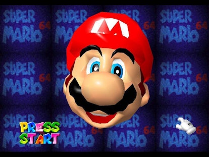 A screenshot from the video game 'Super Mario 64' with Mario and the text 'Press start'