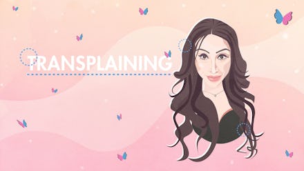 An illustration of a transgender woman with "Transplaining" written next to her 