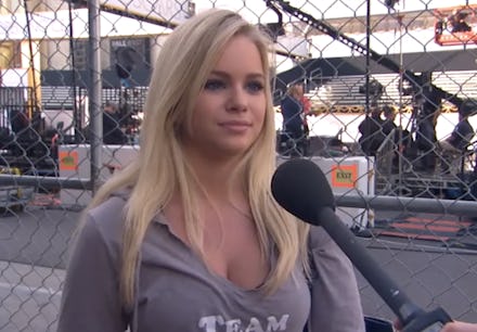 A blonde girl giving an interview